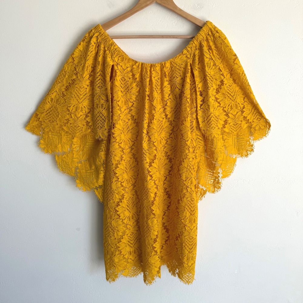 Trina Turk Lace Mini Dress XS Mustard Yellow Off Shoulder Bell Sleeve Resort